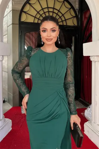 Chiffon Fabric Sequin Embroidered Design Pencil Dress - EMERALD GREEN - 3