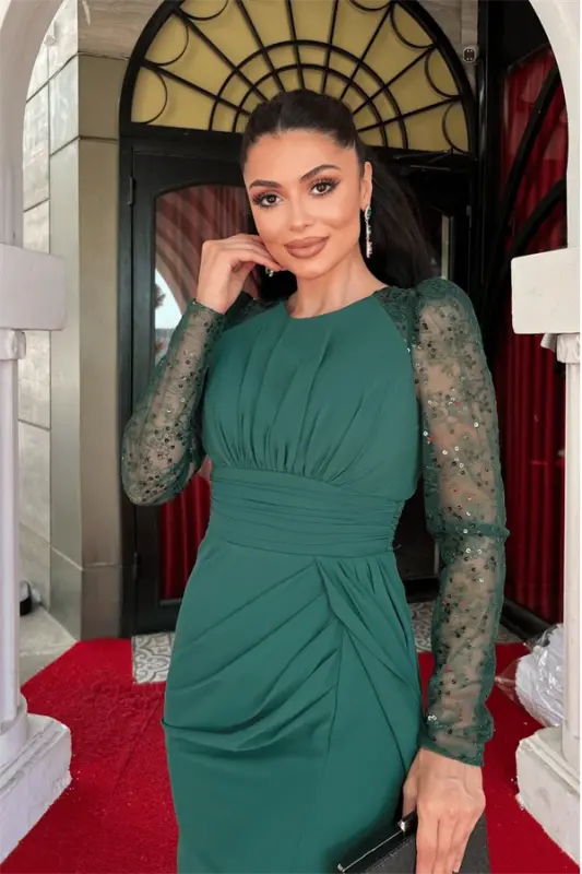 Chiffon Fabric Sequin Embroidered Design Pencil Dress - EMERALD GREEN - 4