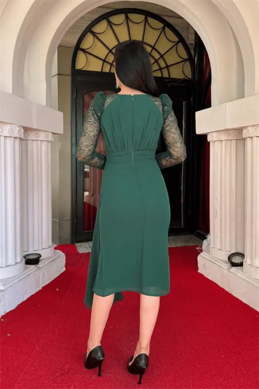 Chiffon Fabric Sequin Embroidered Design Pencil Dress - EMERALD GREEN - 5