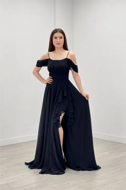 Chiffon Fabric Strap Ruffle Detail Evening Dress - BLACK - 1