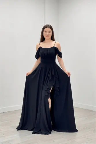 Chiffon Fabric Strap Ruffle Detail Evening Dress - BLACK - BÜYÜKBEDENIZ (1)