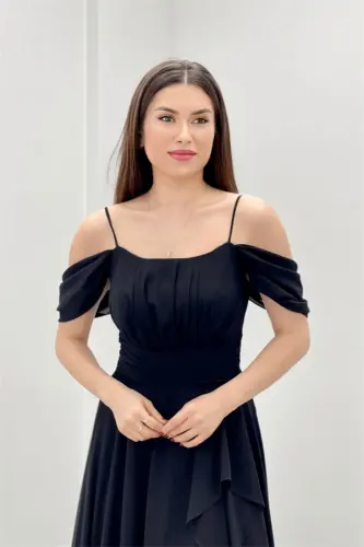 Chiffon Fabric Strap Ruffle Detail Evening Dress - BLACK - 3