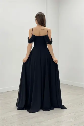 Chiffon Fabric Strap Ruffle Detail Evening Dress - BLACK - 5