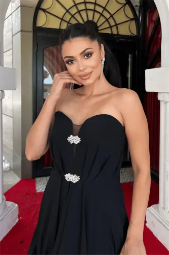 Chiffon Fabric Strapless Evening Dress - BLACK - 6