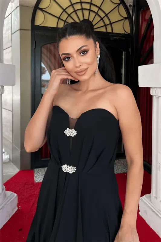 Chiffon Fabric Strapless Evening Dress - BLACK - 6