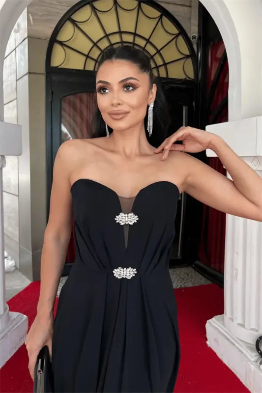 Chiffon Fabric Strapless Evening Dress - BLACK - 5