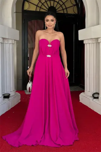 Chiffon Fabric Strapless Evening Dress - FUCHSIA - 1