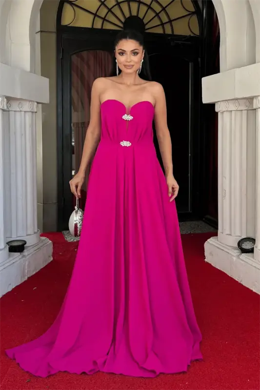 Chiffon Fabric Strapless Evening Dress - FUCHSIA - 1
