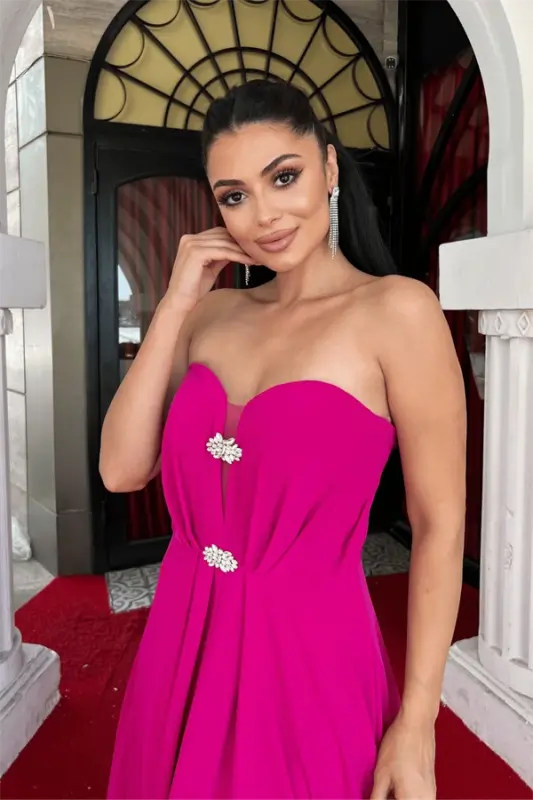 Chiffon Fabric Strapless Evening Dress - FUCHSIA - 3