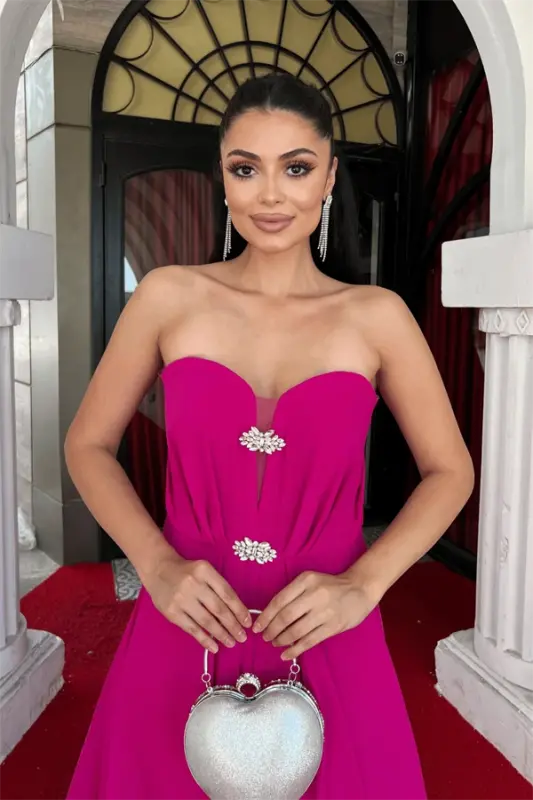 Chiffon Fabric Strapless Evening Dress - FUCHSIA - 4