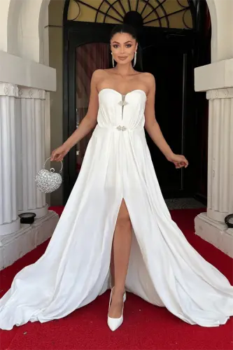 Chiffon Fabric Strapless Evening Dress - WHITE - BÜYÜKBEDENIZ (1)