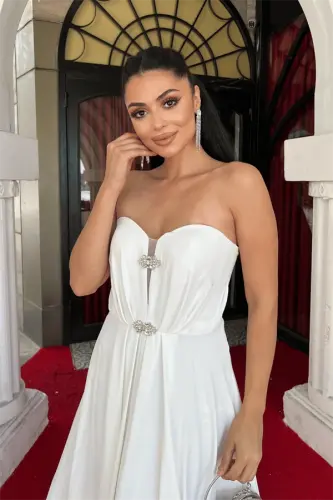 Chiffon Fabric Strapless Evening Dress - WHITE - 3