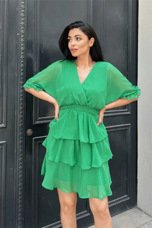 Chiffon Fabric Tiered Mini Dress - GREEN - BÜYÜKBEDENIZ