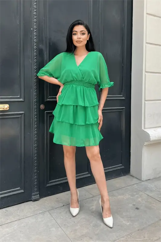 Chiffon Fabric Tiered Mini Dress - GREEN - 2