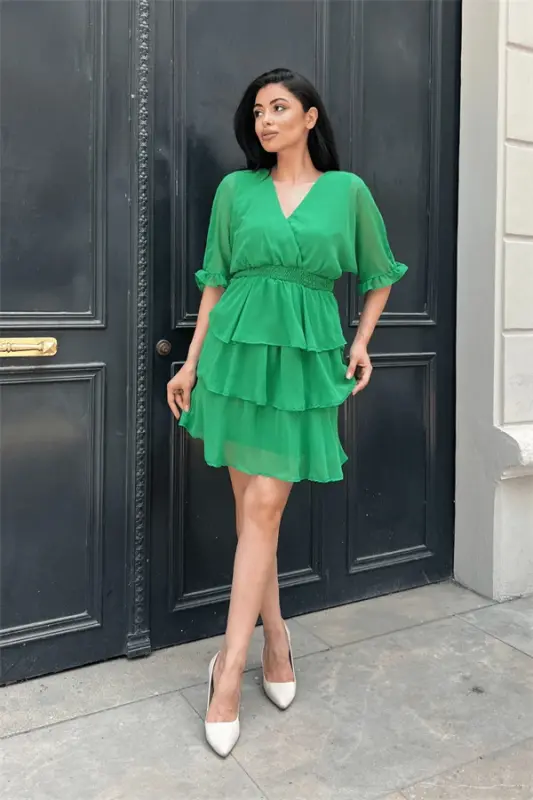 Chiffon Fabric Tiered Mini Dress - GREEN - 4