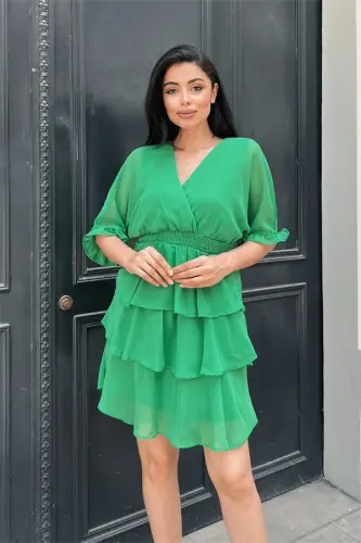 Chiffon Fabric Tiered Mini Dress - GREEN - 5