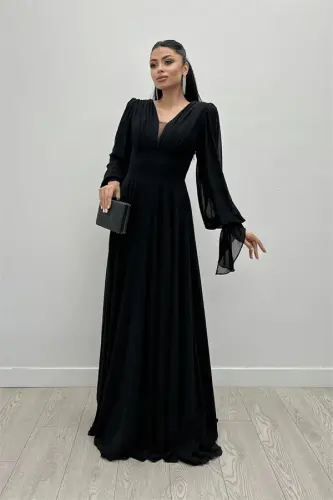 Chiffon Fabric V-Neck Gathered Detail Maxi Dress - BLACK - 1