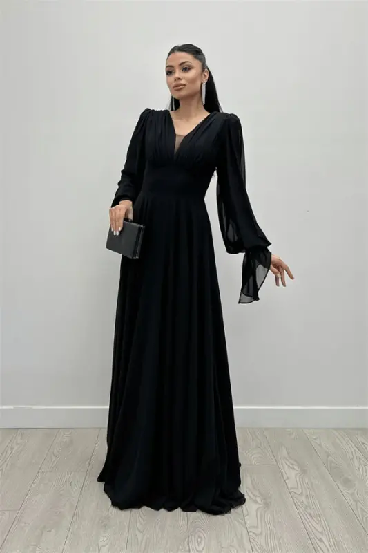 Chiffon Fabric V-Neck Gathered Detail Maxi Dress - BLACK - 1