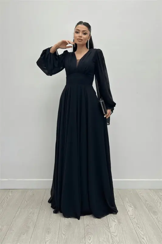 Chiffon Fabric V-Neck Gathered Detail Maxi Dress - BLACK - 2