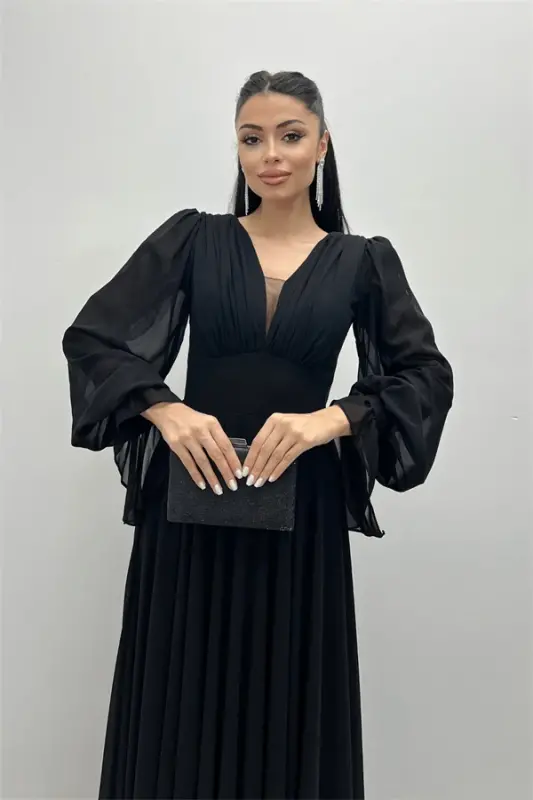 Chiffon Fabric V-Neck Gathered Detail Maxi Dress - BLACK - 3