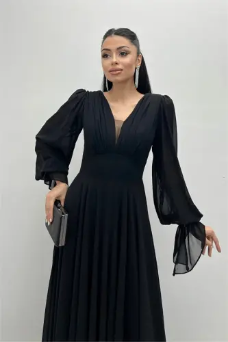 Chiffon Fabric V-Neck Gathered Detail Maxi Dress - BLACK - 4