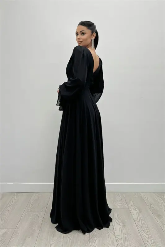 Chiffon Fabric V-Neck Gathered Detail Maxi Dress - BLACK - 5