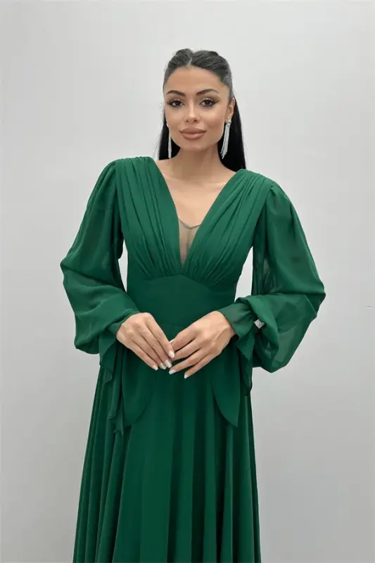 Chiffon Fabric V-Neck Ruched Detail Maxi Dress - EMERALD GREEN - 4