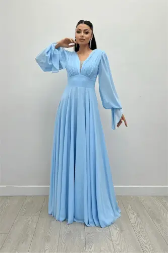 Chiffon Fabric V-Neck Ruched Detail Maxi Dress - ICE BLUE - 1