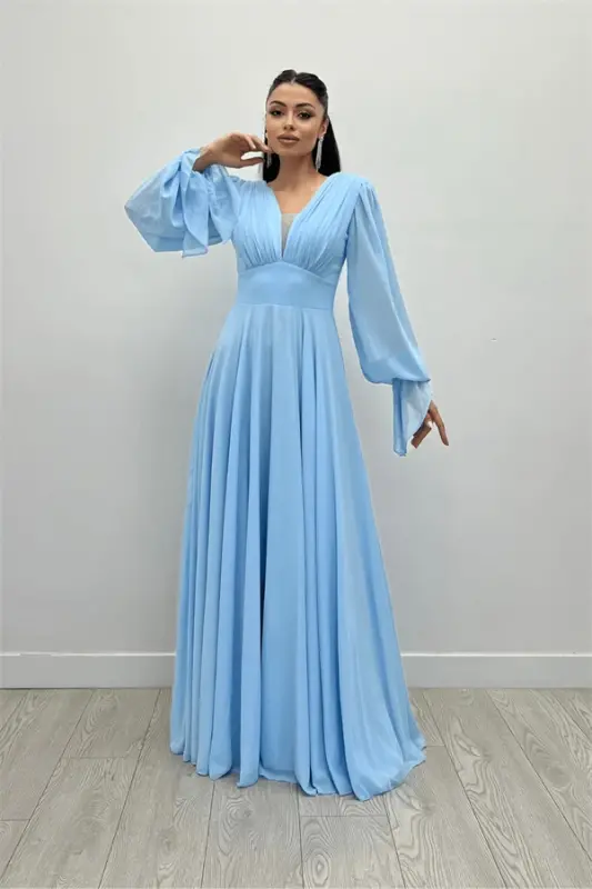 Chiffon Fabric V-Neck Ruched Detail Maxi Dress - ICE BLUE - 1