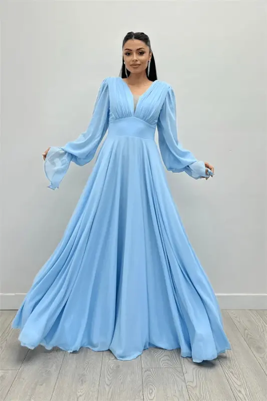 Chiffon Fabric V-Neck Ruched Detail Maxi Dress - ICE BLUE - 2