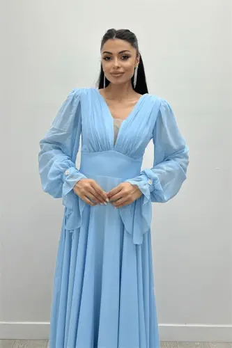 Chiffon Fabric V-Neck Ruched Detail Maxi Dress - ICE BLUE - 3