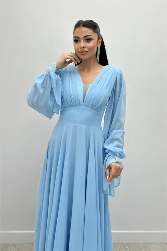 Chiffon Fabric V-Neck Ruched Detail Maxi Dress - ICE BLUE - 4