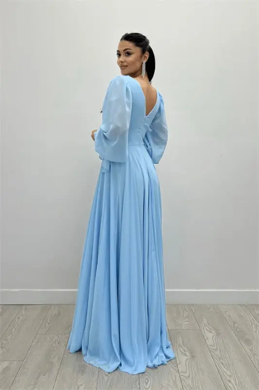 Chiffon Fabric V-Neck Ruched Detail Maxi Dress - ICE BLUE - 5