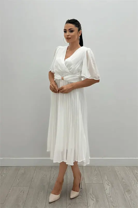 Chiffon Fabric Wrap Neck Pleated Midi Dress - WHITE - 2