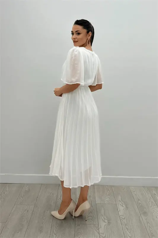 Chiffon Fabric Wrap Neck Pleated Midi Dress - WHITE - 5