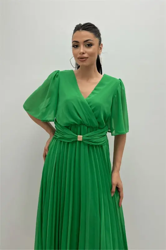Chiffon Fabric Wrap V-Neck Pleated Midi Dress - GREEN - 3