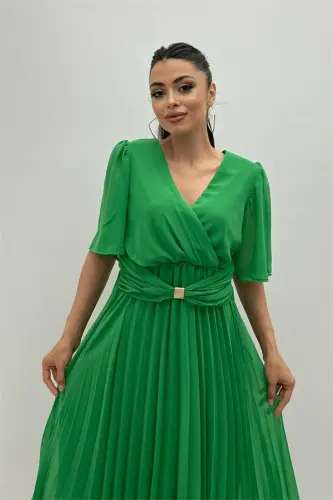 Chiffon Fabric Wrap V-Neck Pleated Midi Dress - GREEN - 4