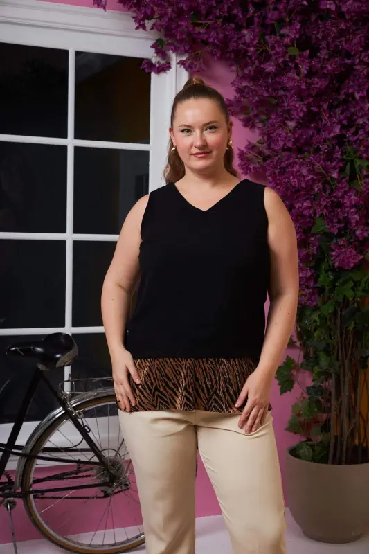Chiffon Lined Plus Size Blouse Coffee - BÜYÜKBEDENIZ