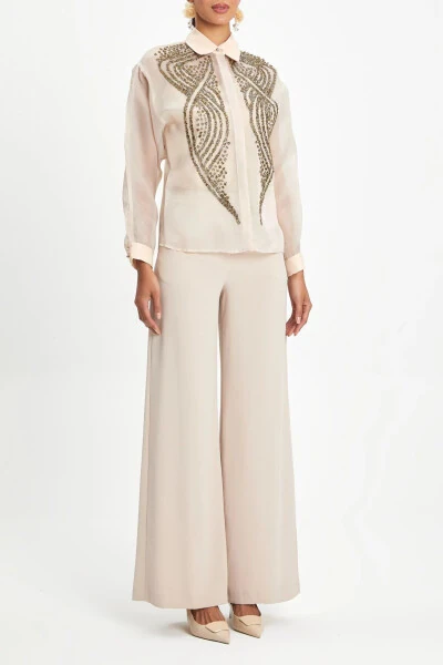 Chiffon Long Sleeve Golden Embroidered Stylish Beige Shirt 39901 - SERPIL