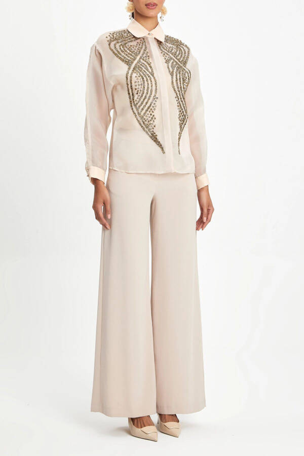 Chiffon Long Sleeve Golden Embroidered Stylish Beige Shirt 39901 - 1