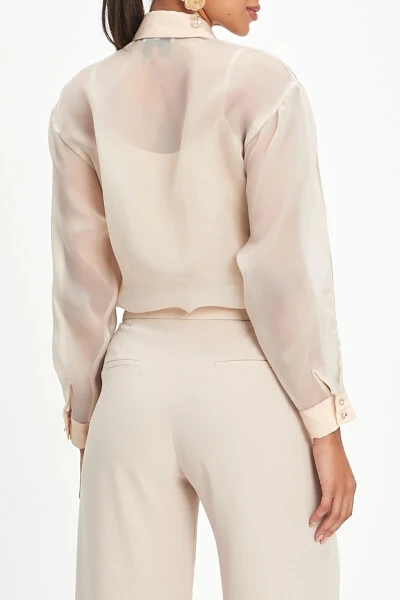 Chiffon Long Sleeve Golden Embroidered Stylish Beige Shirt 39901 - SERPIL (1)