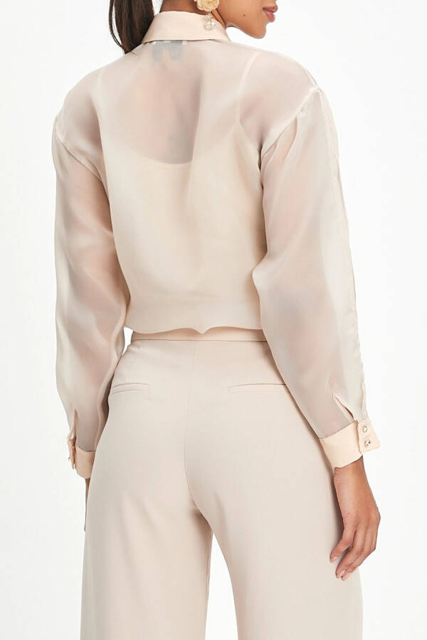 Chiffon Long Sleeve Golden Embroidered Stylish Beige Shirt 39901 - 2