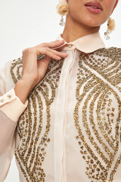 Chiffon Long Sleeve Golden Embroidered Stylish Beige Shirt 39901 - 3