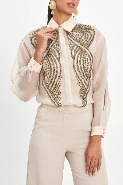 Chiffon Long Sleeve Golden Embroidered Stylish Beige Shirt 39901 - 4