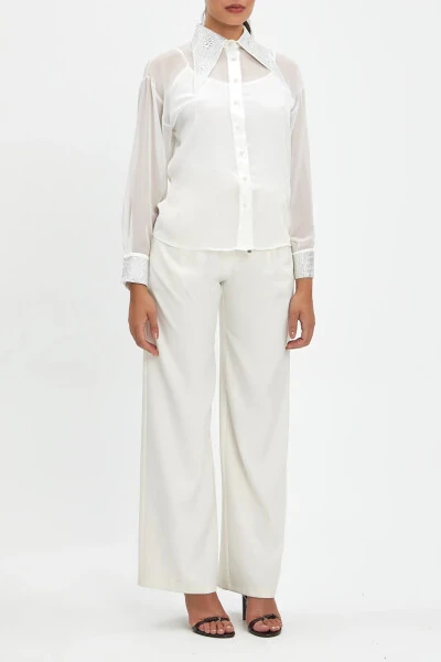 Chiffon Long Sleeve Stone Embroidered Collar And Cuff Detailed Ecru Shirt - SERPIL