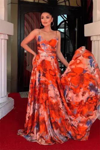 Chiffon Patterned Strappy Evening Dress - ORANGE - BÜYÜKBEDENIZ (1)