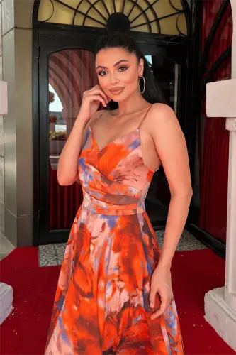 Chiffon Patterned Strappy Evening Dress - ORANGE - 3