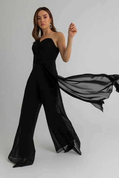 Chiffon Sash Detailed Padded Bust Draped Wide Leg - 4