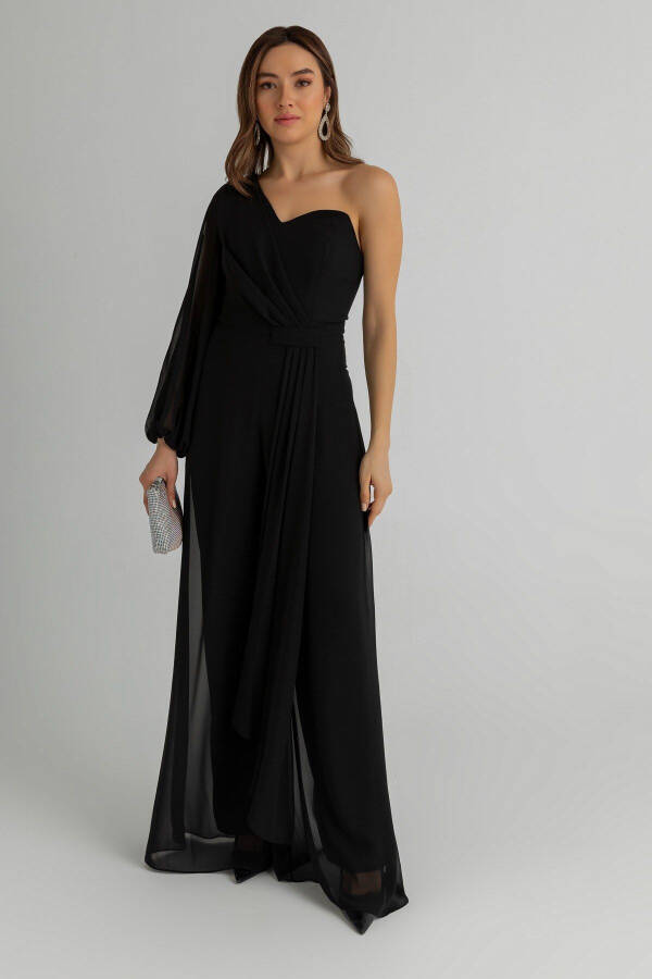 Chiffon Sash Detailed Padded Bust Draped Wide Leg - 5