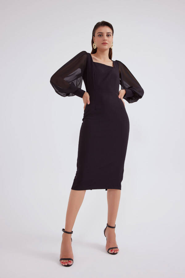 Chiffon Sleeve Crepe Dress - Black - 1